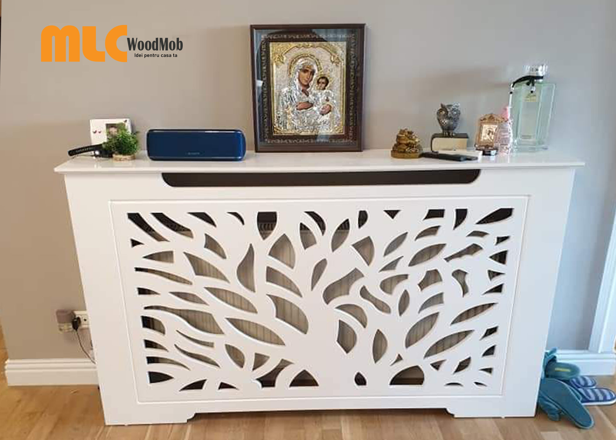 Masca calorifer alba din lemn MDF, realizata la comanda, design modern